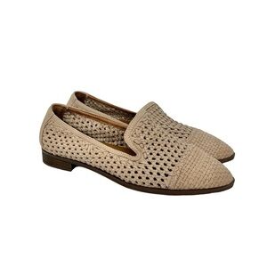 Joie Woven Dusty Khaki Cream Basketweave Genuine Leather Flats Slip On Loafer
